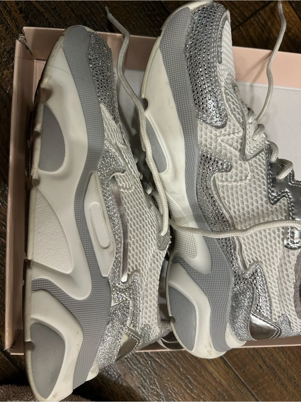Gianni Bini White and Silver Mesh Chunky Lace-Up Sneakers